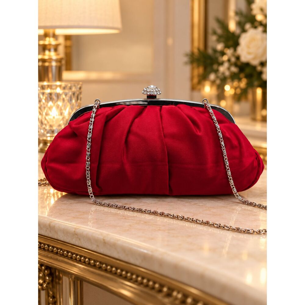 Lulu Townsend Red Satin Ruched Evening Bag Rhinestone Clasp Romantic Holiday